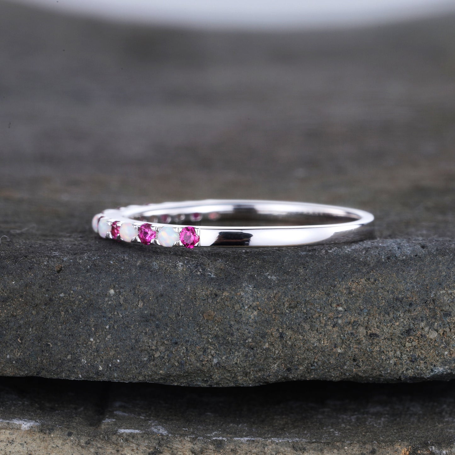 Half Eternity Opal Ruby Wedding Ring, Dainty Opal Wedding Band, Sterling Silver Ring, October Birthstone Ring, Anniversary Gift for Her