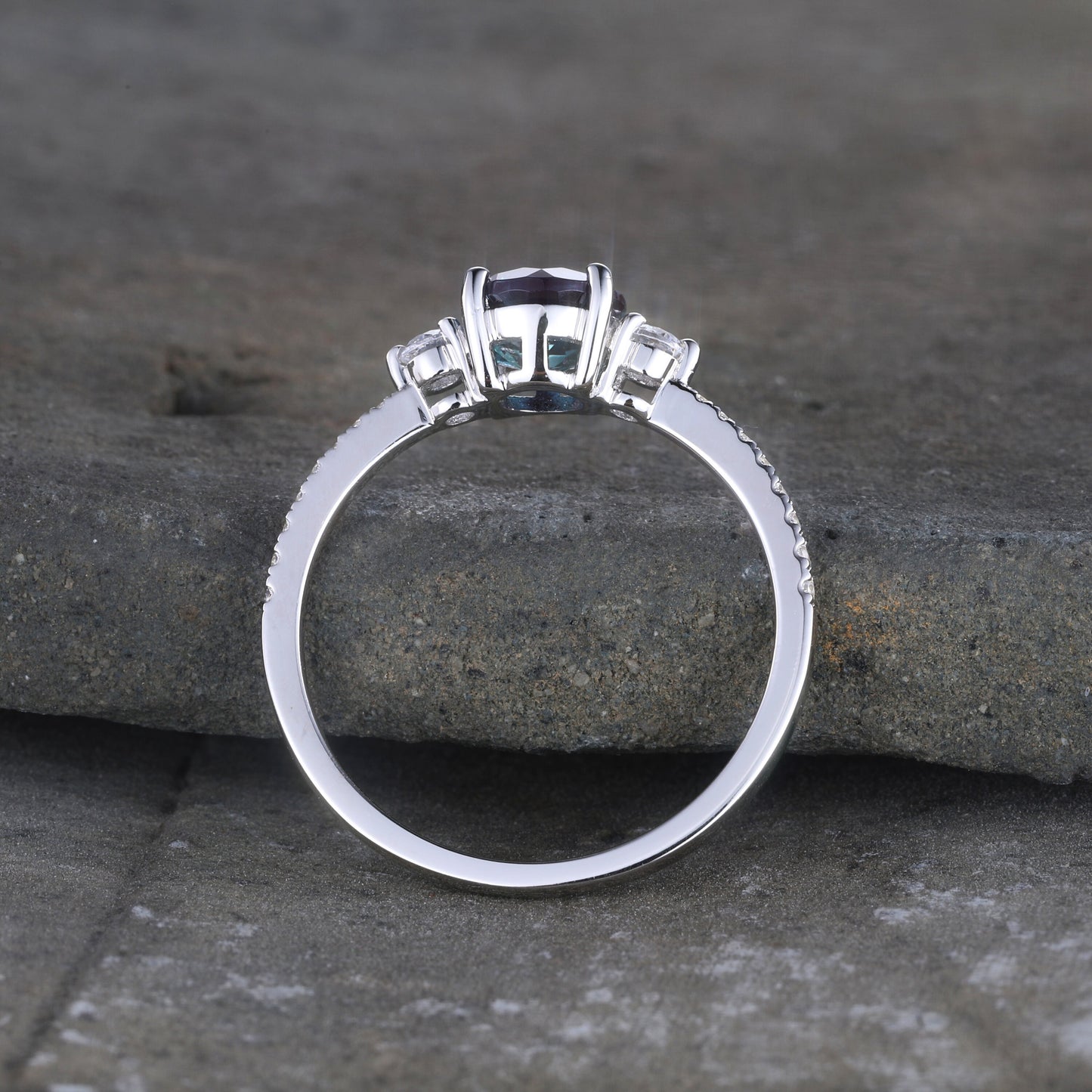 Three stone Alexandrite ring sterling silver ring for women 6mm round cut Alexandrite engagement ring moonstone ring promise ring gift