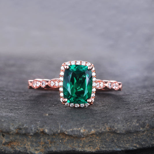 Emerald Ring, Cushion Emerald Engagement Ring, Rose Gold Emerald Ring, May Birthstone Ring, Art deco Wedding Band, Promise Bridal Ring
