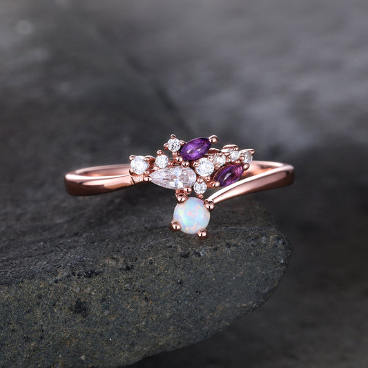 Unique Opal Wedding Ring Opal Amethyst Ring Rose Gold Opal Ring Vintage Cluster Ring Art deco Wedding Ring Anniversary Promise Bridal Ring