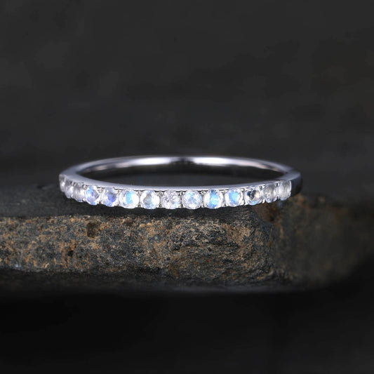 Half Eternity Band, 1.5mm Moonstone Wedding Band, White Gold Ring, Rainbow Moonstone Ring, Dainty Ring, Stacking Band, Anniversary Gift