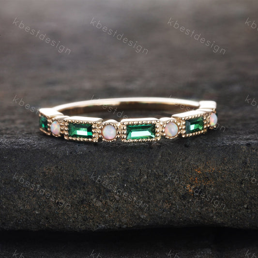 Emerald Wedding Band Baguette Emerald and Opal Wedding Ring Eemrald Gold Ring Vintage Art Deco Stacking Band Anniversary Ring Gift