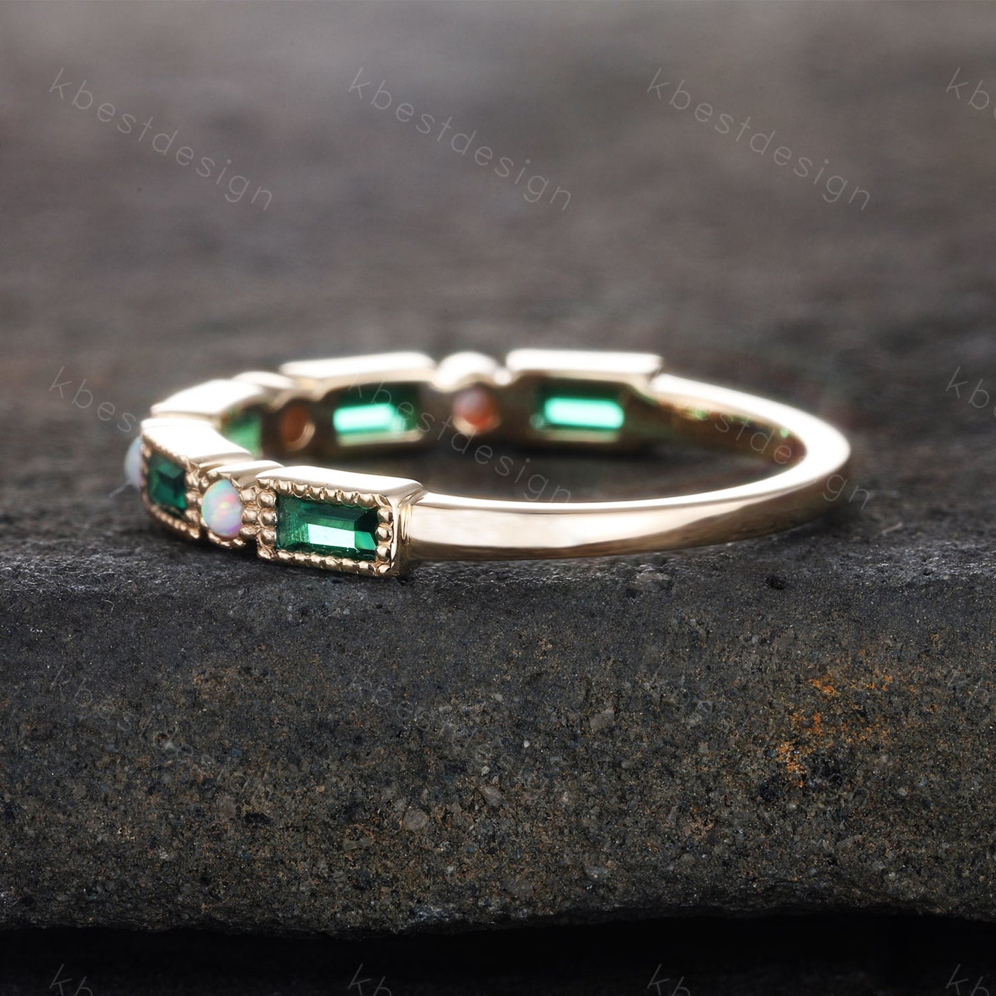 Emerald Wedding Band Baguette Emerald and Opal Wedding Ring Eemrald Gold Ring Vintage Art Deco Stacking Band Anniversary Ring Gift