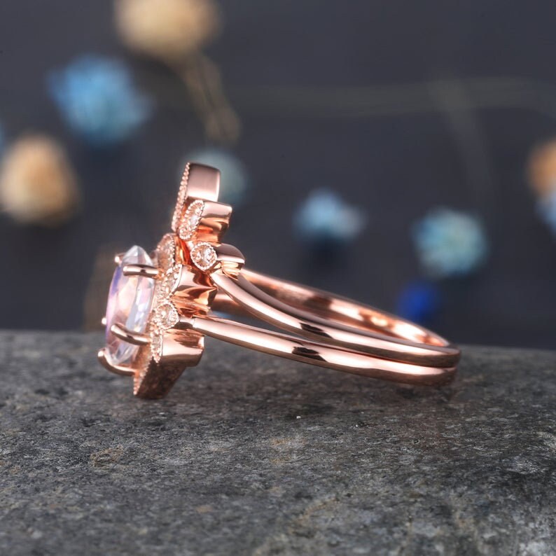 Amethyst wedding ring set, Pear shaped engagement ring rose gold, purple gemstone ring,curved wedding band