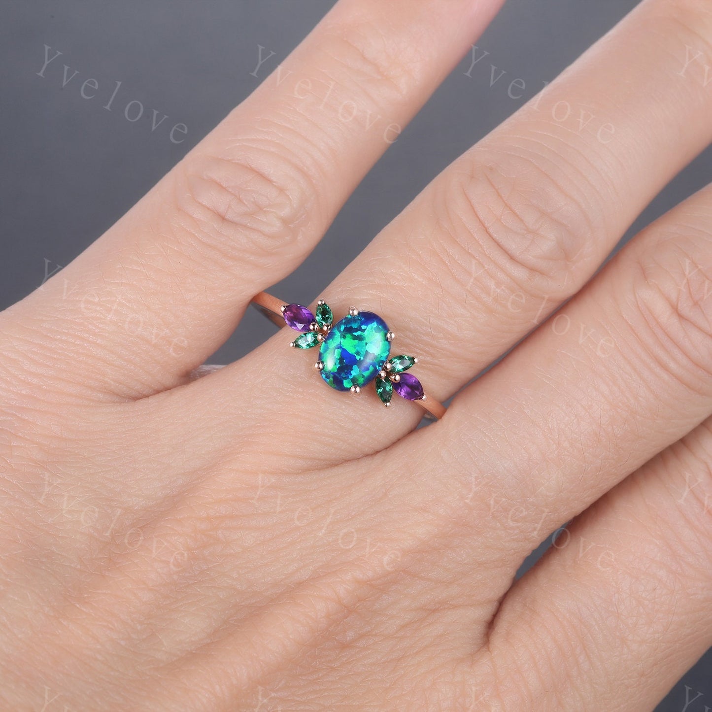 Blue Opal Wedding Ring Set Oval Opal Engagement Ring Rose Gold Wedding Ring Emerald Amethyst Floral Promise Jewelry Anniversary Gift