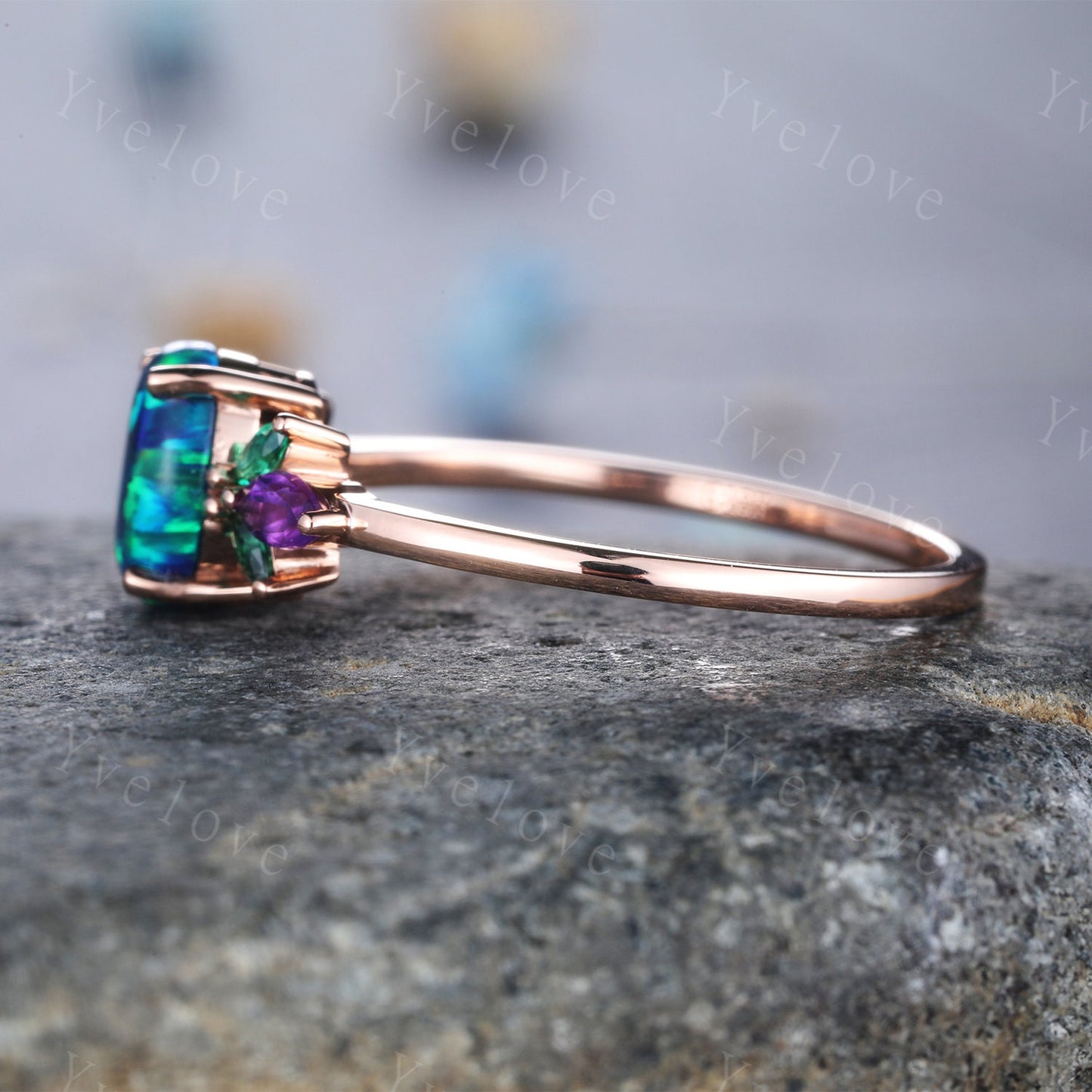 Blue Opal Engagement Ring Rose Gold Oval Opal Wedding Ring Opal Emerald Amethyst Floral Eternity Ring Vintage Design Gift For Her