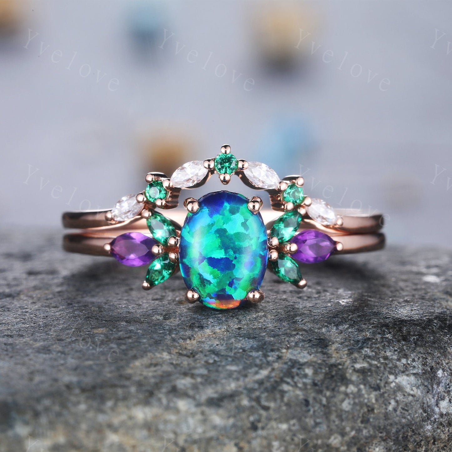 Blue Opal Wedding Ring Set Oval Opal Engagement Ring Rose Gold Wedding Ring Emerald Amethyst Floral Promise Jewelry Anniversary Gift