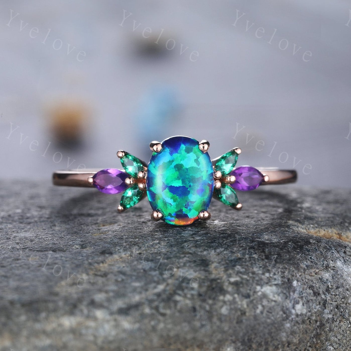 Blue Opal Wedding Ring Set Oval Opal Engagement Ring Rose Gold Wedding Ring Emerald Amethyst Floral Promise Jewelry Anniversary Gift