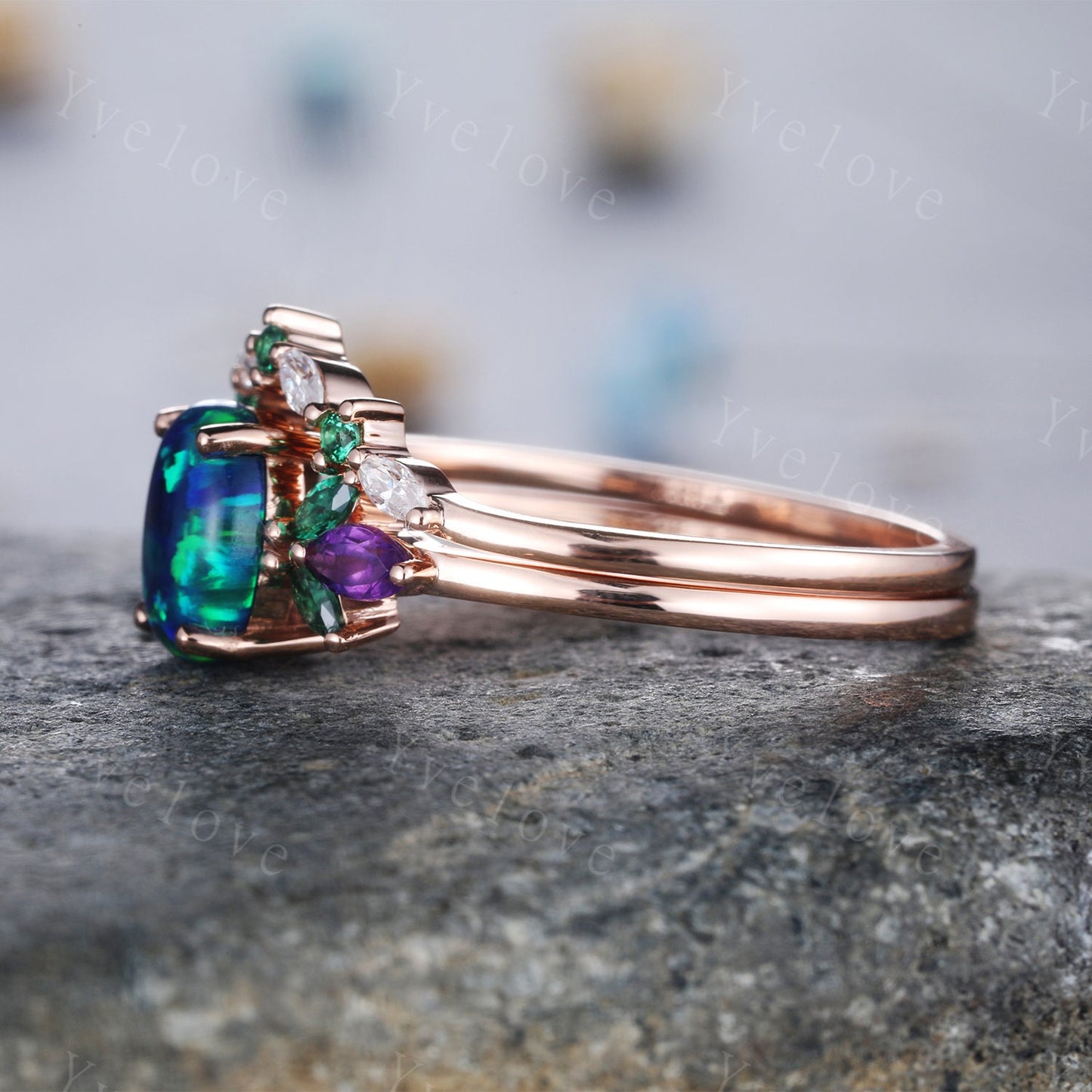 Blue Opal Wedding Ring Set Oval Opal Engagement Ring Rose Gold Wedding Ring Emerald Amethyst Floral Promise Jewelry Anniversary Gift