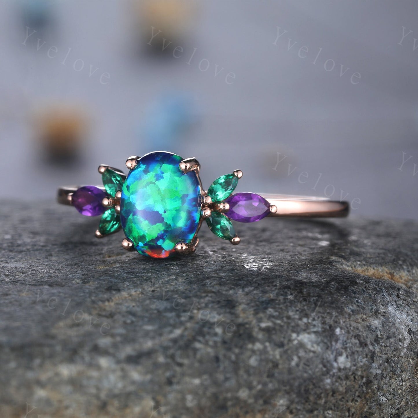 Blue Opal Wedding Ring Set Oval Opal Engagement Ring Rose Gold Wedding Ring Emerald Amethyst Floral Promise Jewelry Anniversary Gift
