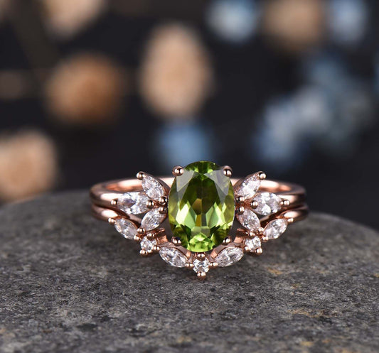 Peridot ring, rose gold engagement ring, oval peridot engagement ring, moissanite matching band, eternity stacking band, bridal set