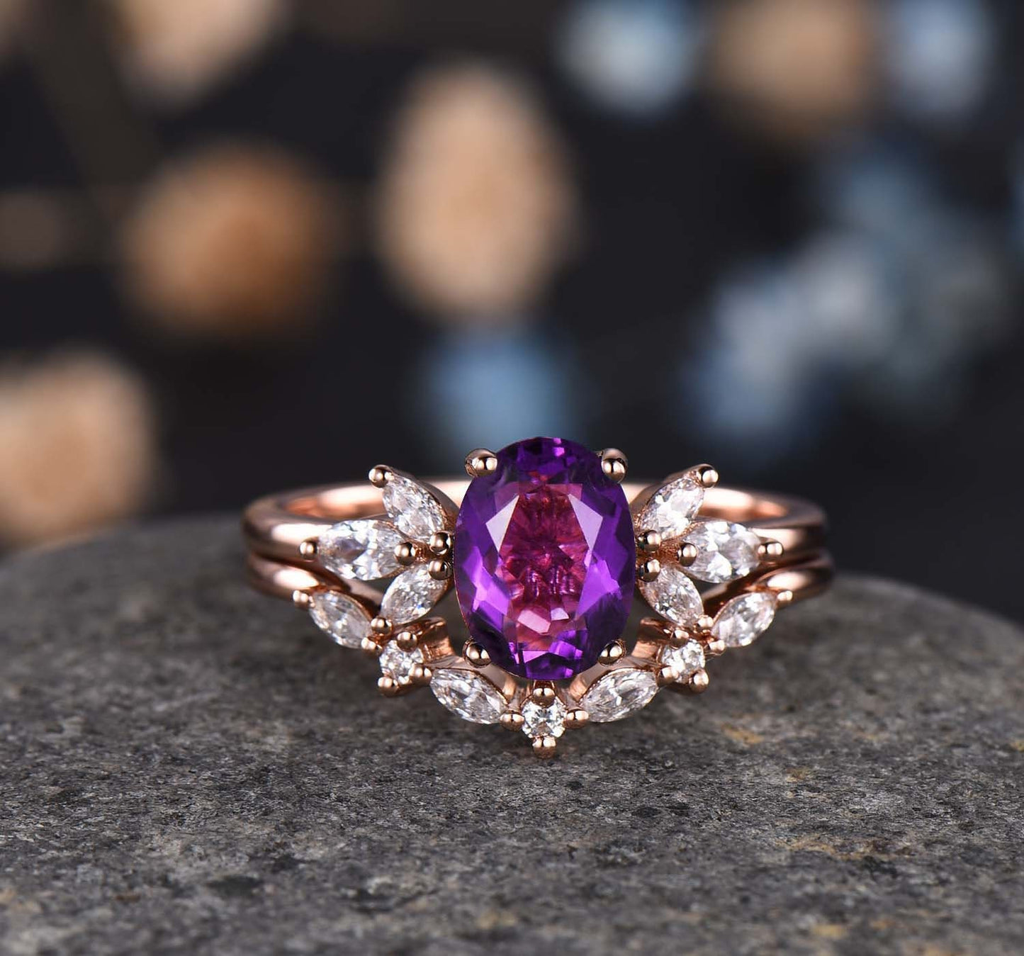 Amethyst ring set rose gold amethyst engagement ring women promise ring oval cut amethyst moissanite stacking band crown ring