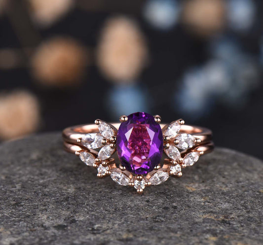 Amethyst ring set rose gold amethyst engagement ring women promise ring oval cut amethyst moissanite stacking band crown ring