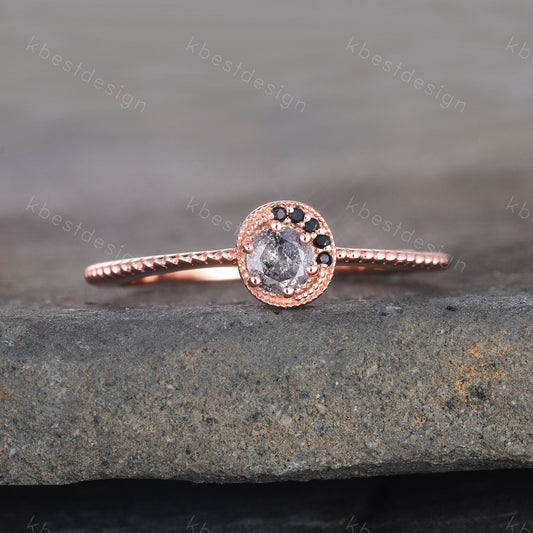 Vintage Salt and Pepper Diamond Engagement Ring Black Diamond Ring Unique Wedding Ring Rose Gold Ring Round Shaped Bridal Ring Promise Ring