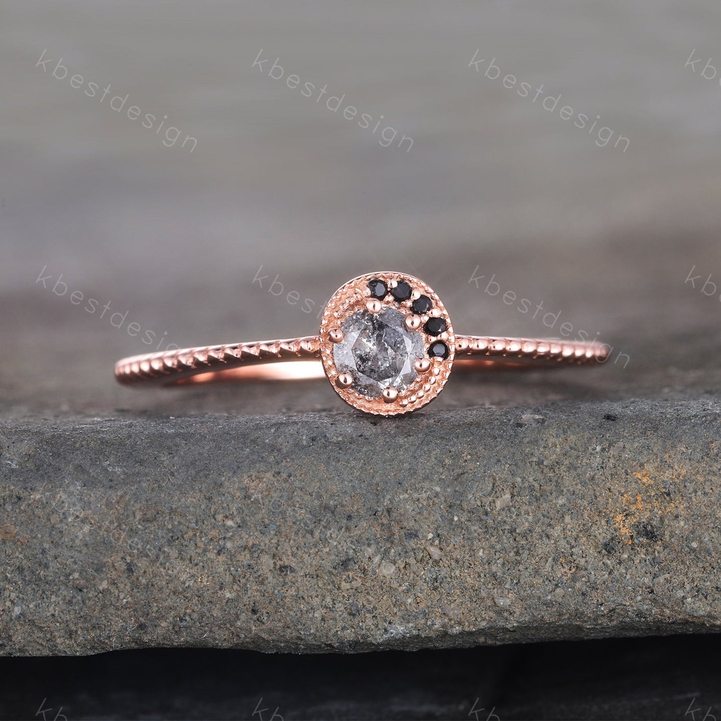 Vintage Salt and Pepper Diamond Engagement Ring Black Diamond Ring Unique Wedding Ring Rose Gold Ring Round Shaped Bridal Ring Promise Ring