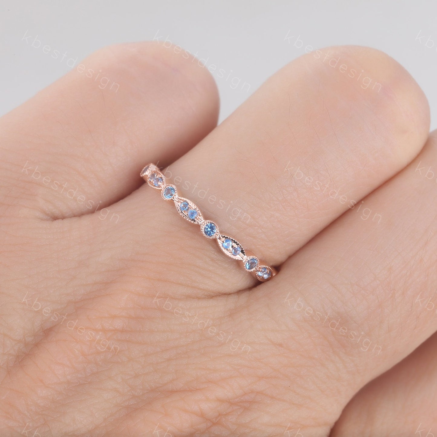 Blue Topaz Wedding Ring, Art deco Wedding Band, December Birthstone Ring, Half Eternity Band, Stacking Matching Band, Anniversary Gift