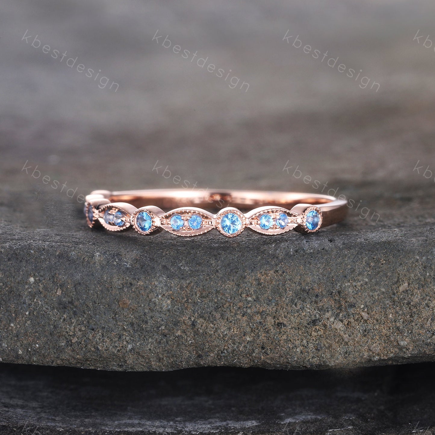 Blue Topaz Wedding Ring, Art deco Wedding Band, December Birthstone Ring, Half Eternity Band, Stacking Matching Band, Anniversary Gift