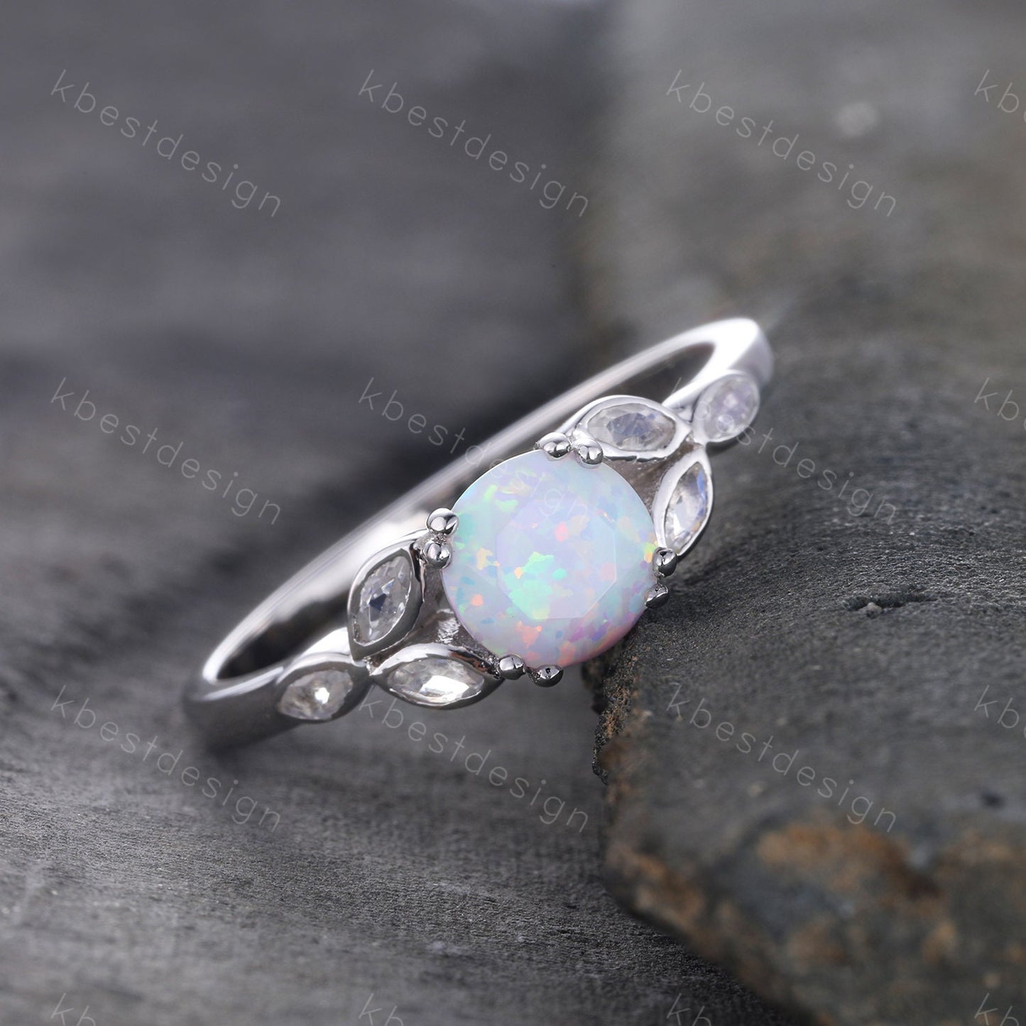 Vintage Opal Engagement Ring Marquise cut Moonstone Stone Ring White Gold Opal Ring Opal Rings for Women Promise Anniversary Ring