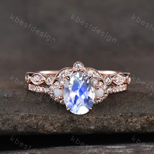 Rose Gold Moonstone Ring, Moonstone Engagement Ring Set, June Birthstone Ring, Unique Curved Stacking Matching Band, Anniversary Ring