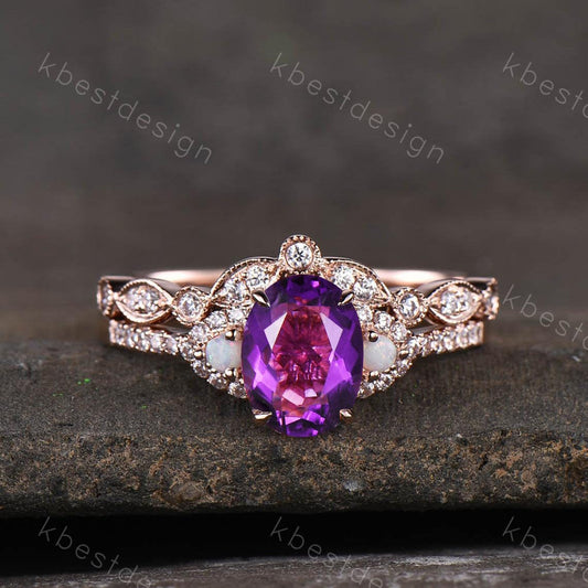 Purple Amethyst Ring, Vintage Engagement Ring Set, Rose Gold Ring, February Birthstone Ring, Art Deco Bridal Ring Set, Anniversary Ring