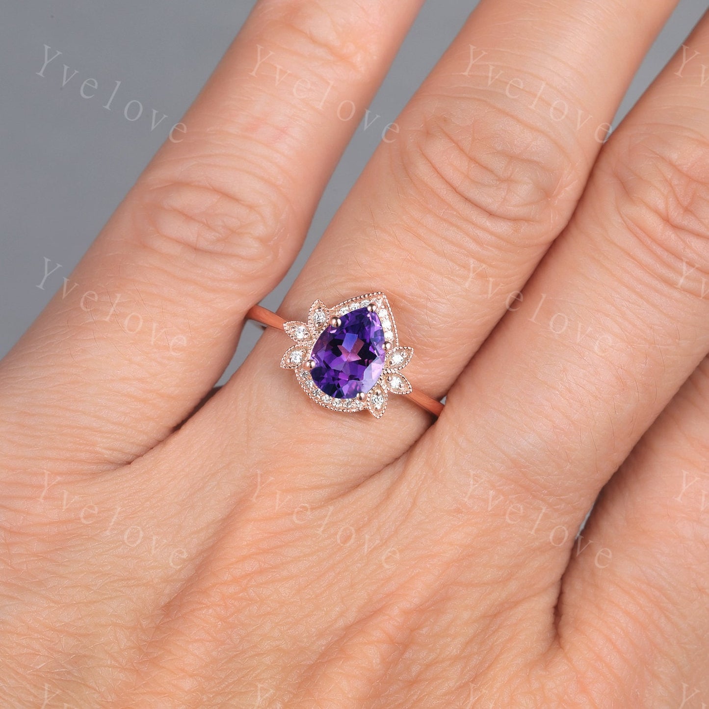 8x6mm pear shaped amethyst engagement ring 14K rose gold unique flower ring