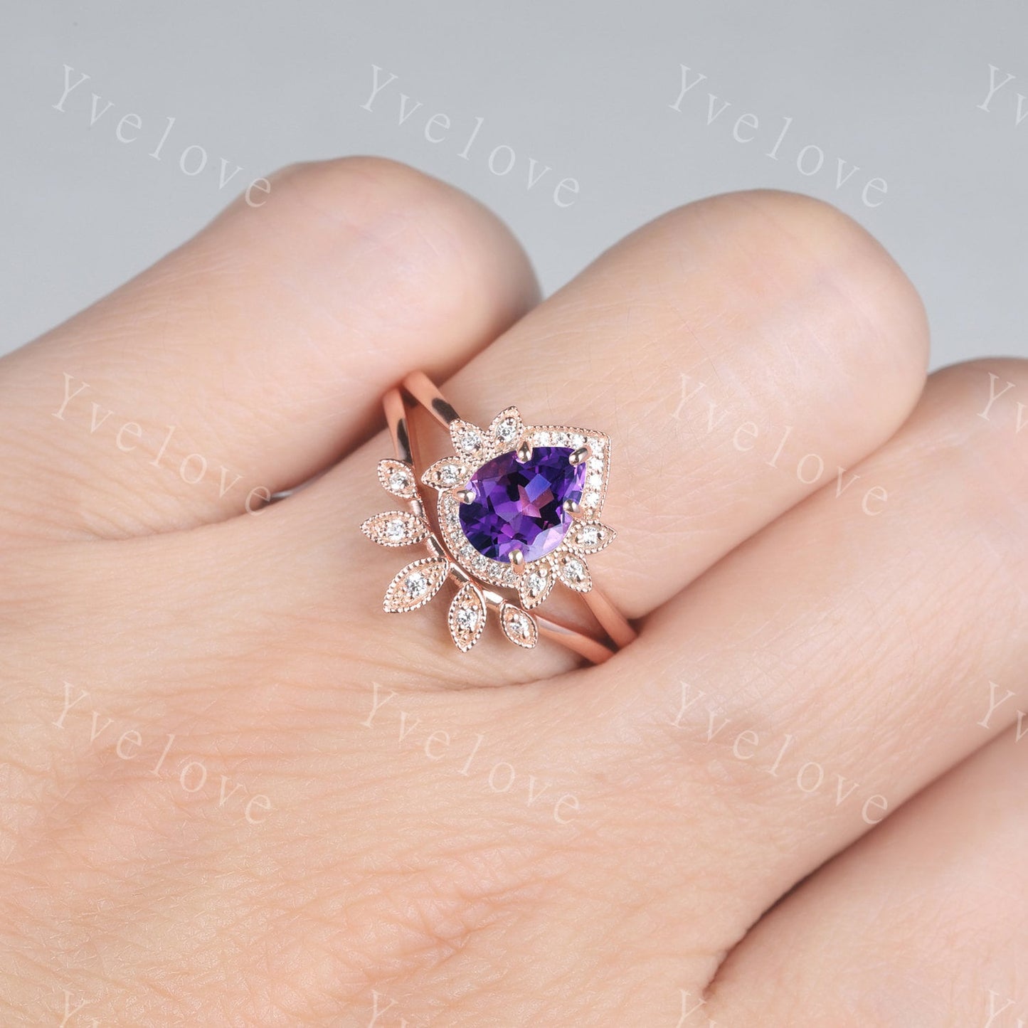 Amethyst wedding ring set, Pear shaped engagement ring rose gold, purple gemstone ring,curved wedding band