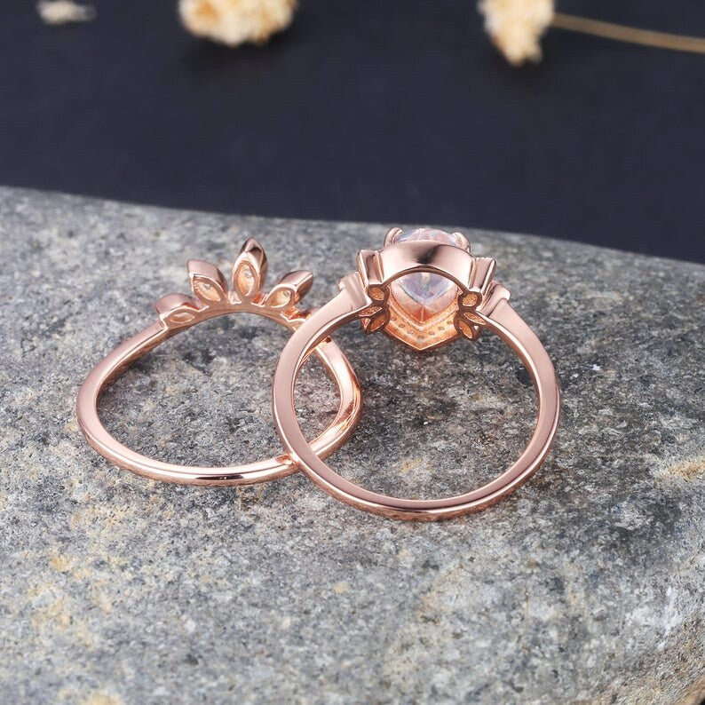 Amethyst wedding ring set, Pear shaped engagement ring rose gold, purple gemstone ring,curved wedding band
