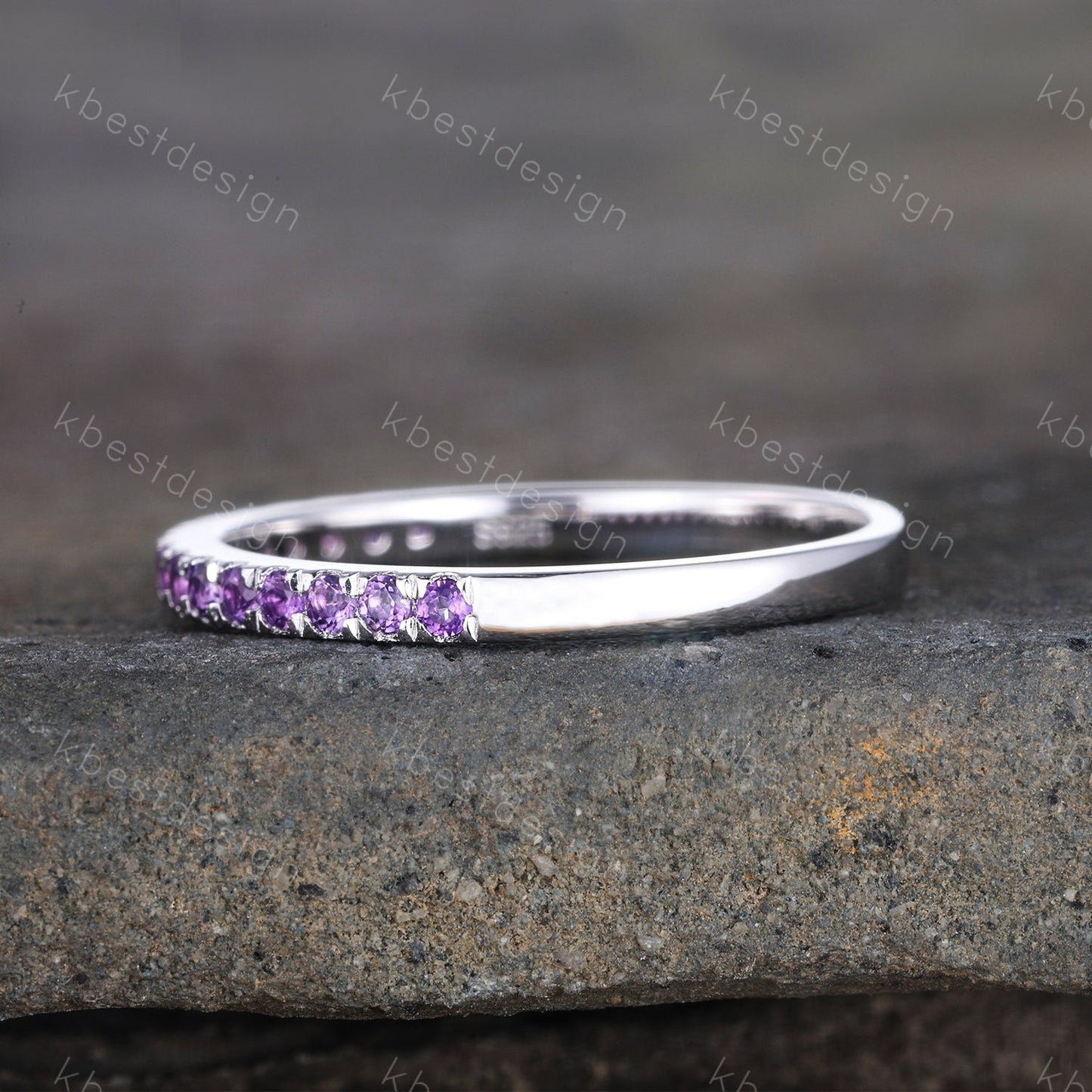 Amethyst Wedding Band, 1.5mm Half Eternity Amethyst Wedding Ring, Sterling Silver Ring, February Birthstone, Gemstone Band, Matching Band