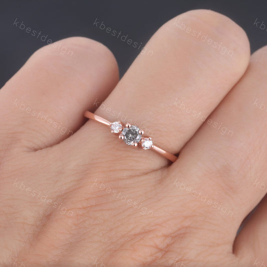 Salt and Pepper Diamond Engagement Ring Three Stone Ring Rose Gold Engagement Ring Dainty Ring Wedding Promise Anniversary Gift Solitaire