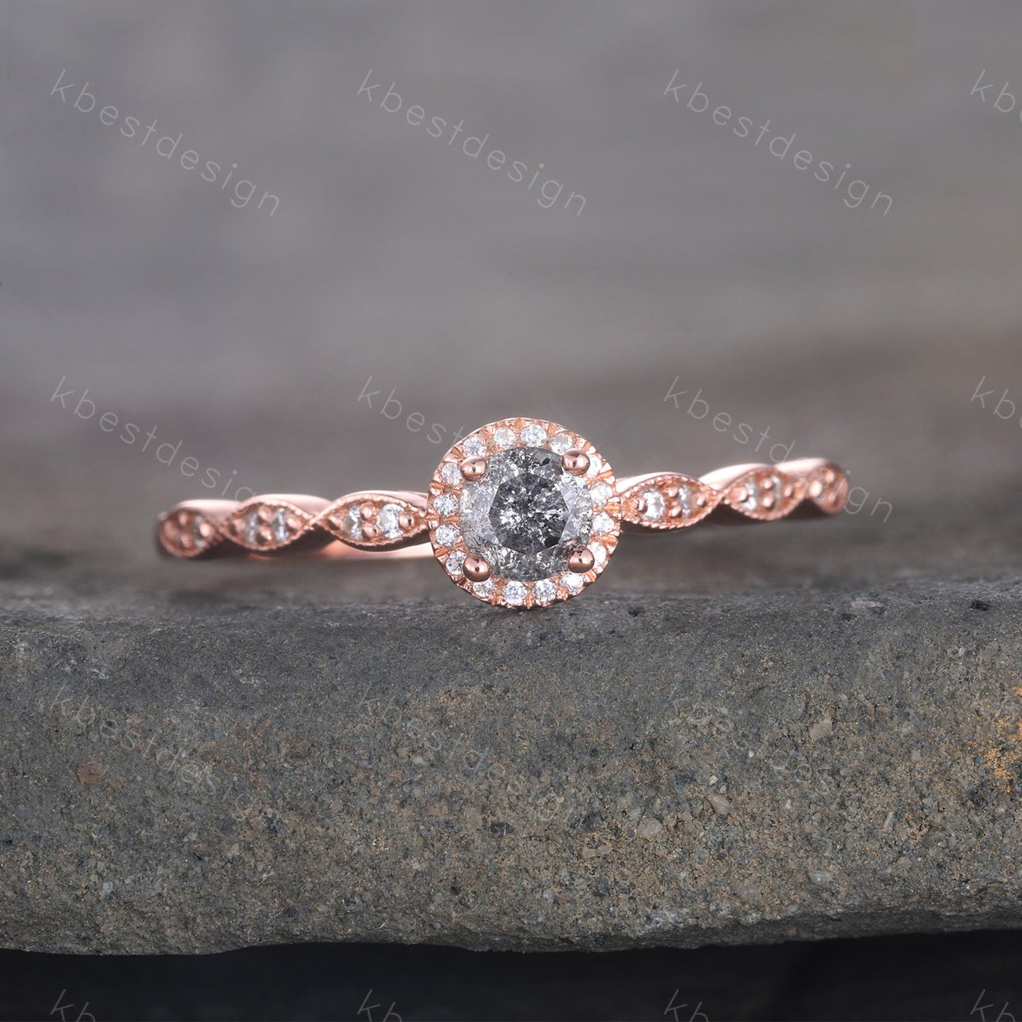 Vintage Salt and Pepper Diamond Engagement Ring Rose Gold Ring Dainty Halo Wedding Ring Art deco Wedding Ring Bridal Anniversary Ring
