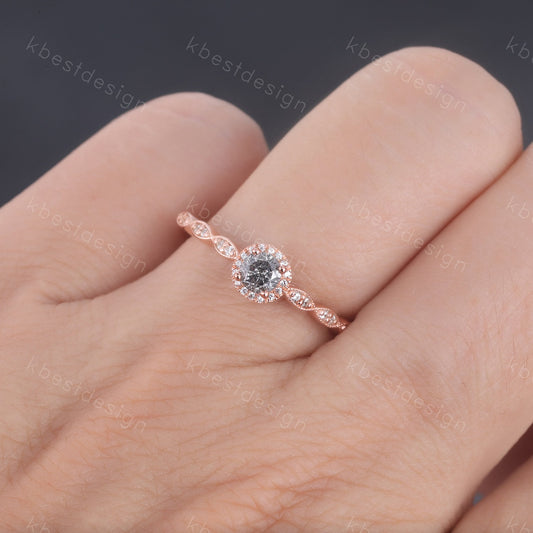 Vintage Salt and Pepper Diamond Engagement Ring Rose Gold Ring Dainty Halo Wedding Ring Art deco Wedding Ring Bridal Anniversary Ring