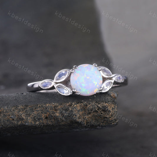 Vintage Opal Engagement Ring Marquise cut Moonstone Stone Ring White Gold Opal Ring Opal Rings for Women Promise Anniversary Ring