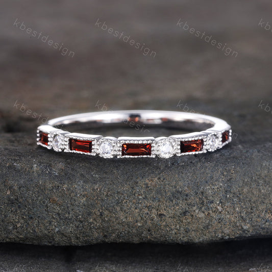 Garnet Ring, Baguette Garnet Wedding Band, Art Deco Half Eternity Band, January Birthstone Ring, Gemstone Band, Anniversary Gift, Sliver
