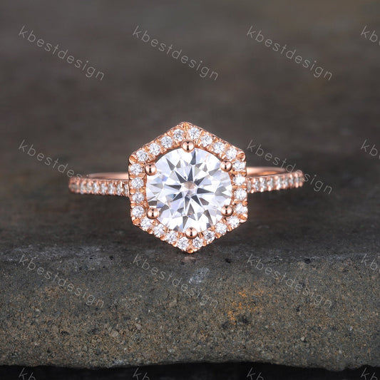 1.25 Carat Round Cut Simulated Diamond Engagement Ring Unique Hexagon Halo Wedding Ring CZ Engagement Ring Promise Ring Anniversary Ring