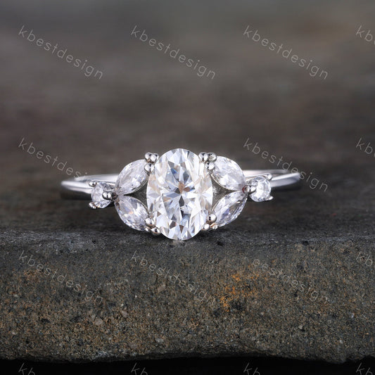 Oval cut Engagement Ring Sterling Silver Simulated Diamond Ring Unique Marquise cut Diamond cluster ring Bridal Promise Ring Gift for Women
