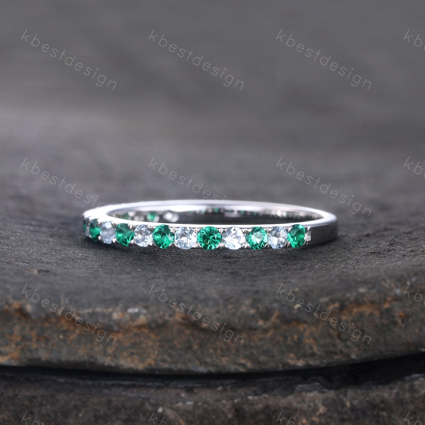 Emerald Aquamarine Wedding Ring Half Eternity Wedding Band May Birthstone Ring Aquamarine Ring Stacking Matching Band Anniversary Gift