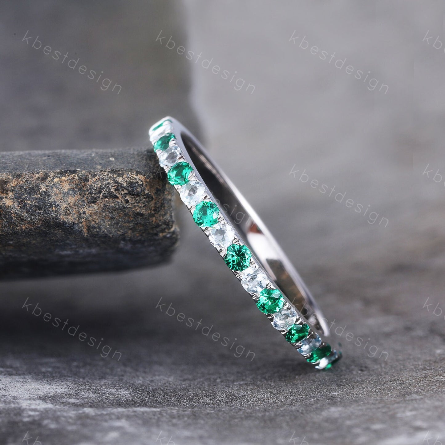 Emerald Aquamarine Wedding Ring Half Eternity Wedding Band May Birthstone Ring Aquamarine Ring Stacking Matching Band Anniversary Gift
