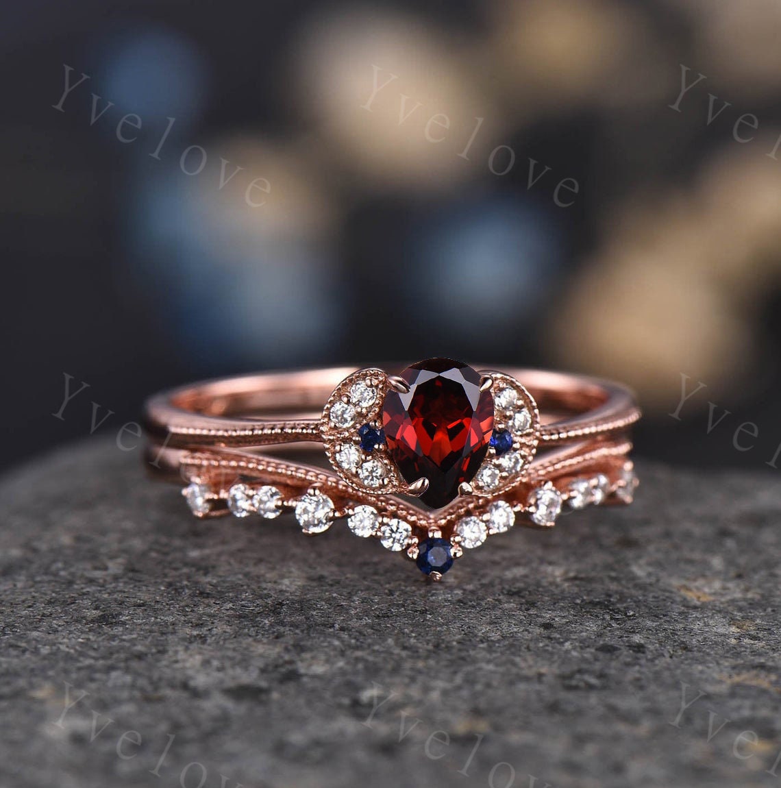 Alexandrite Ring, Pear Alexandrite Engagement Ring, June Birthstone Ring, Vintage Wedding Band, 14k Rose Gold, Promise Ring, Bridal Set