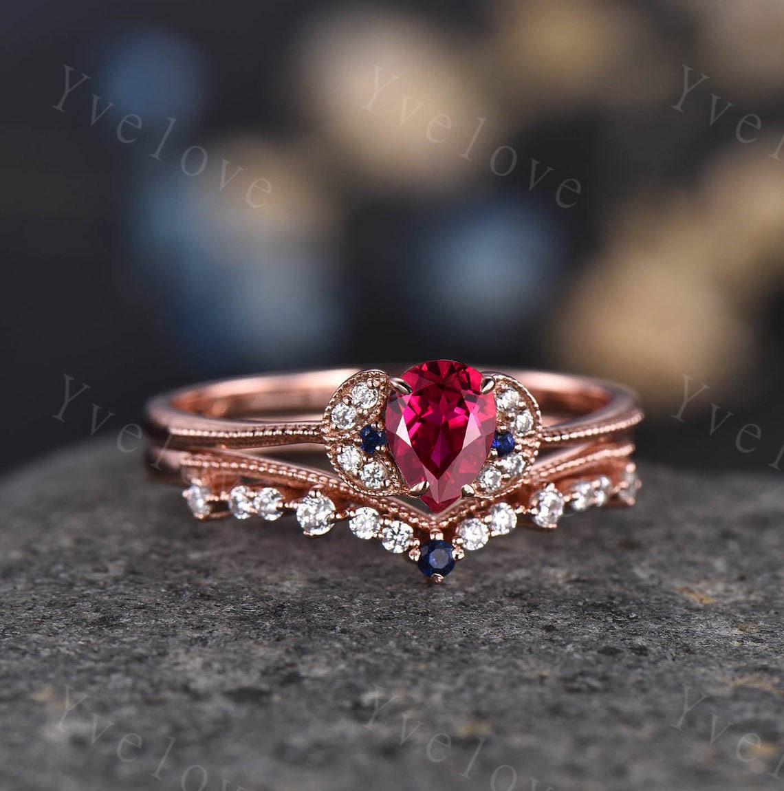 Alexandrite Ring, Pear Alexandrite Engagement Ring, June Birthstone Ring, Vintage Wedding Band, 14k Rose Gold, Promise Ring, Bridal Set