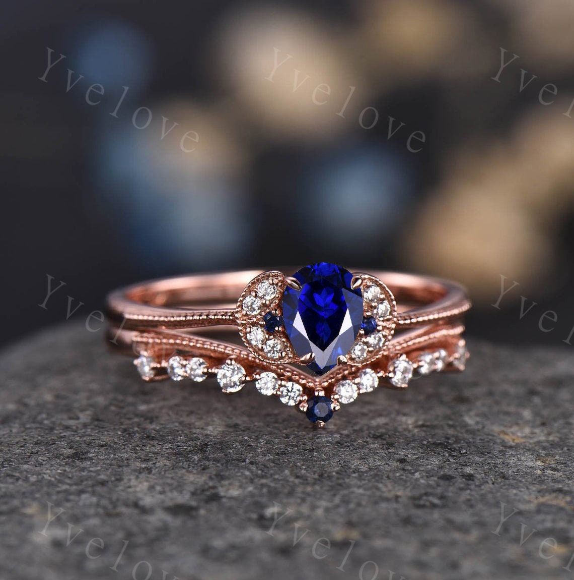 Alexandrite Ring, Pear Alexandrite Engagement Ring, June Birthstone Ring, Vintage Wedding Band, 14k Rose Gold, Promise Ring, Bridal Set