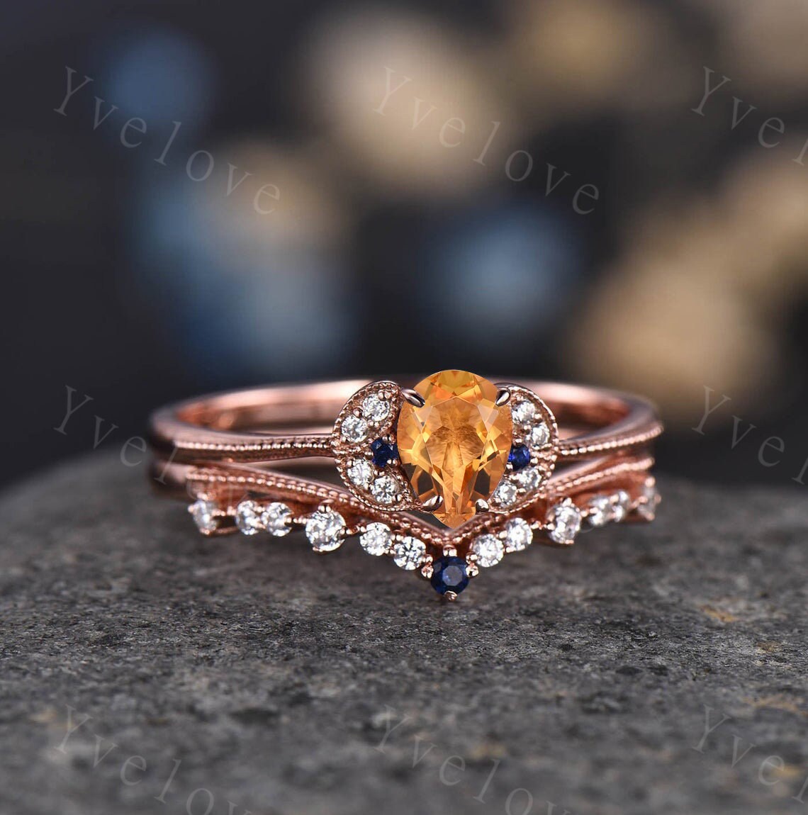 Alexandrite Ring, Pear Alexandrite Engagement Ring, June Birthstone Ring, Vintage Wedding Band, 14k Rose Gold, Promise Ring, Bridal Set