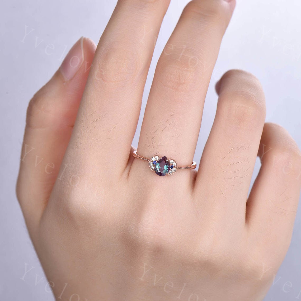 Alexandrite Ring, Pear Alexandrite Engagement Ring, June Birthstone Ring, Vintage Wedding Band, 14k Rose Gold, Promise Ring, Bridal Set