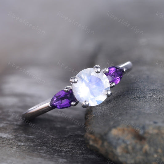 Rainbow Moonstone Ring, 925 Sterling Silver Ring, Pear Shaped Amethyst Ring, Three Stone Design, Engagement Ring, June Birthstone Ring