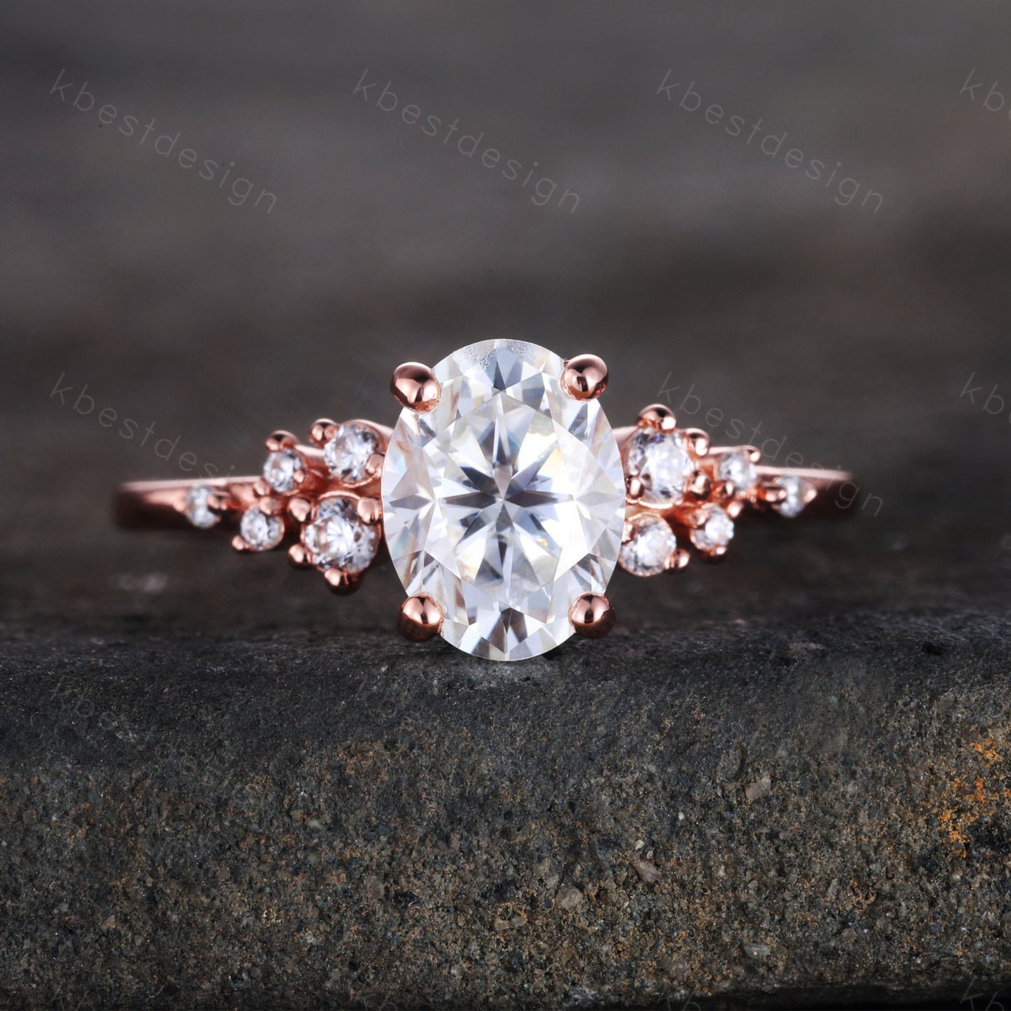 14K Solid Gold Ring/ 1.5CT Oval Simulated Diamond Wedding Ring/ Unique Cluster Rin/ Anniversary Ring/ Promise Ring/ Rose Gold