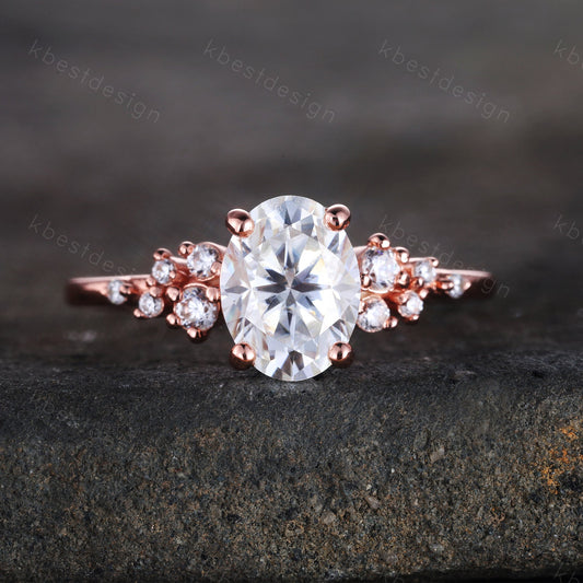 14K Solid Gold Ring/ 1.5CT Oval Simulated Diamond Wedding Ring/ Unique Cluster Rin/ Anniversary Ring/ Promise Ring/ Rose Gold