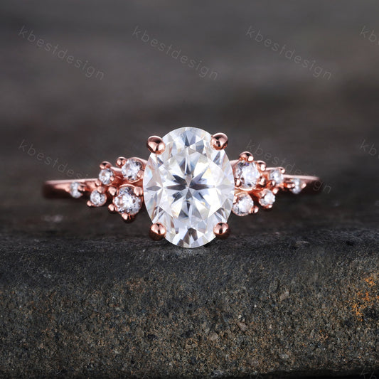 14K Solid Gold Ring/ 1.5CT Oval Simulated Diamond Wedding Ring/ Unique Cluster Rin/ Anniversary Ring/ Promise Ring/ Rose Gold