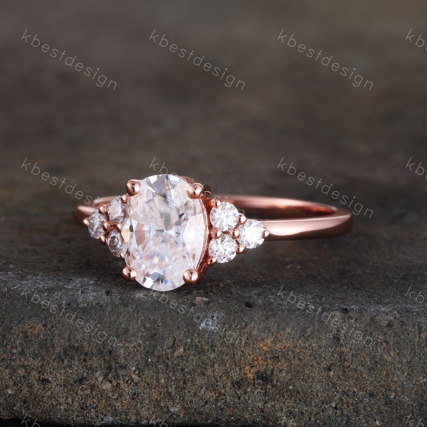 1.5 CT Oval Engagement Ring, Vintage Unique Rose Gold Engagement Ring, Cluster Wedding Ring, Diamond Simulant, Promise Ring, Gift for her