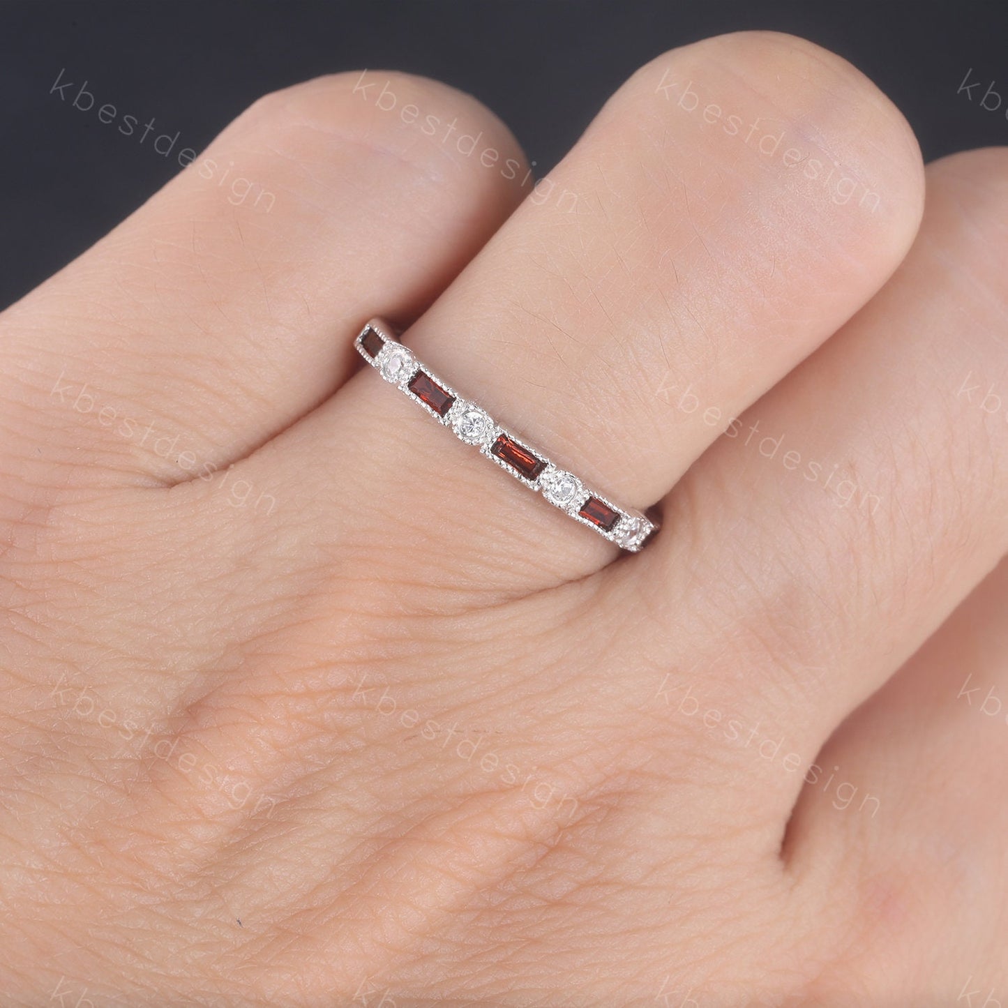 Garnet Ring, Art Deco Eternity Band, Baguette Garnet Wedding Band, January Birthstone Ring, Gemstone Band, Anniversary Gift, White Gold Ring