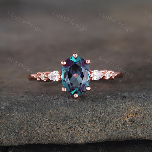 Oval alexandrite engagement ring, wedding ring, color changing stone ring, June birthstone ring, art deco bridal ring promise ring