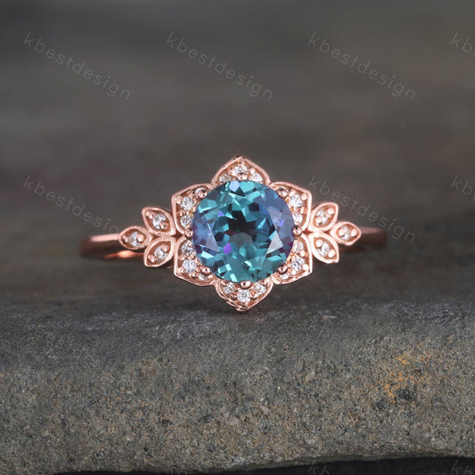 Vintage Alexandrite engagement ring rose gold wedding ring promise ring color changing stone proposal ring unique anniversary ring